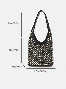 Dedoo Black V-Shaped Double-Sided Studded Bucket Bag, Punk Style Heavy-Duty Rivet Embellished Underarm Shoulder Bag, Suitable For Work Commute And Shopping - Black - View 6