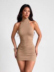 Women's Summer Solid Color Sexy Halter Neck Backless Party Dress, Suitable For Dating, Vacation, Beach And Other Occasions - Khaki - View 2