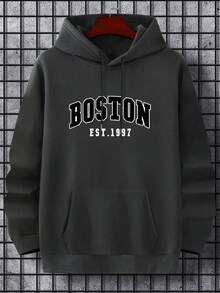 美式風格 BOSTON 字母印花保暖內裡連帽衫，男士復古學院風套頭運動衫 - 深灰色 - 查看 3