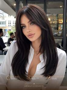 Dark Brown 18 Inch Layered Wavy Synthetic Wig With Curtain Bangs, Natural Loose Wave Heat-Resistant Fiber Wig For Women, Soft Silky Layered Hair Texture, Perfect For Daily Styling, Halloween, Thanksgiving, Christmas Party Cosplay - Dark Brown - View 1
