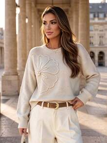 Women's Crewneck Knit Sweater Pullover, Long Sleeves And Regular Hem, Soft Slight Stretch Fabric With Statement Flower Detail Fall - Camel - View 2