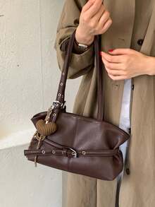 Belt Buckle Decoration Shoulder Tote Bag, Paired With Heart-Shaped Woven Hanging Decoration, Simple Retro, Suitable For Commuting, Daily Travel - Coffee - View 5