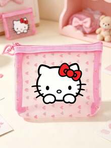 SANRIO Mini Cable & Coin Storage Pouch, Cute Hello Kitty Heart Pattern Mesh Zipper Storage Bag, Transparent Multi-Purpose Storage Bag, Portable Makeup Bag, Transparent First Aid Kit - Multicolor - View 10