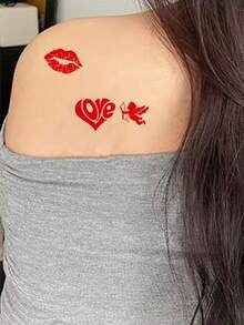 10pcs/Pack Valentine's Day Waterproof Temporary Tattoo Stickers, Red Heart, Lips, Rose Realistic Tattoos, Suitable For Men & Women, For Face, Arms And Body Decoration On Valentine's Day - Multicolor - View 4