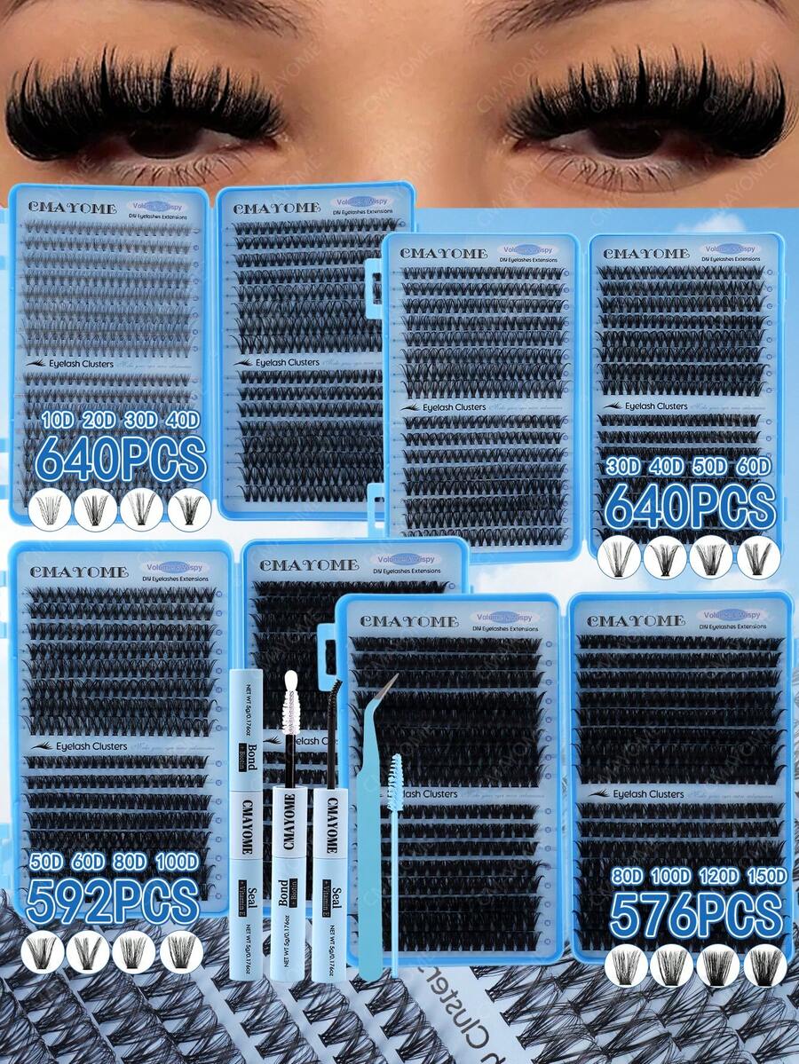 CMAYOME 720/666-Piece D-Shaped Large-Capacity Mascara Set,Including 30D-150D (10-18mm) Specifications. The Set Contains Mascara Glue, Mascara Tweezers And Mascara Brush. Cat-Eye Lashes, Anime Lashes, Long Lashes, Lash Clusters, Suitable For Contact Lens Wear