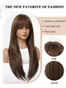 Wig Rambut Lurus Panjang Cokelat Teh Susu 24 Inci dengan Poni, Potongan Berlapis, Cocok untuk Pemakaian Sehari-hari Wanita, Pemakaian Kantor, Wig Harian, Wig Kencan, Gaya Cleanfit - MultiWarna - View 6