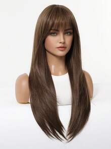 Wig Rambut Lurus Panjang Cokelat Teh Susu 24 Inci dengan Poni, Potongan Berlapis, Cocok untuk Pemakaian Sehari-hari Wanita, Pemakaian Kantor, Wig Harian, Wig Kencan, Gaya Cleanfit - MultiWarna - View 2