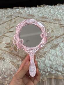 Pearlescent Wavy Edge Handheld Makeup Mirror, 3D Bow Princess Handle Mirror, Girly Portable Touch-Up Mirror, Ins Vintage Sweet Vanity Mirror - Multicolor - View 2