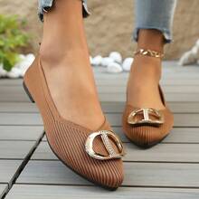 Women's Light Luxury Rhinestone Metal Buckle Low Vamp Brown Breathable Elastic Fabric Pointed Toe Flat Slip-On Shoes, Soft & Bouncy Lining, Comfortable, Elegant Decor, Suitable For Daily Commute, Shopping, Dating, Atmospheric Elegant - Brown - View 4