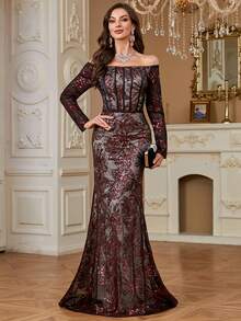 hezixi Elegant Luxury Embroidered Lace Sequin Beaded Floral Design Sheer Long Sleeve Dress Party Wedding Fall - Burgundy - View 6