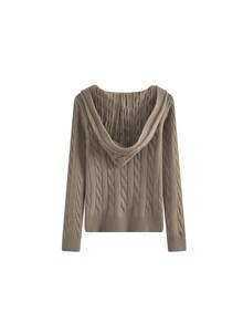 V-Neck Cable Knit Hooded Long Sleeve Pocket Sweater - Brown - View 7