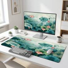 Lotus Pond Ink Art Pattern Extra Long Gaming Mouse Pad & Desk Mat Set, Non-Slip Durable Rubber Base, Smooth Surface, Suitable For PC Laptop Office Home, Abstract Art Decor, Back To School Supplies - A - View 7