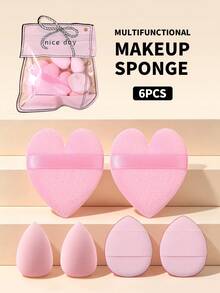 6‑Piece All‑Purpose Makeup Puff Set, Made Of 2 Heart‑Shaped Flocked Puffs, 2 Mini Air Cushion Puffs And 2 Mini Makeup Puffs, Multi‑Functional Cosmetic Tools For Daily Makeup Use, Ideal Gift Choice For Her - Pink - View 2