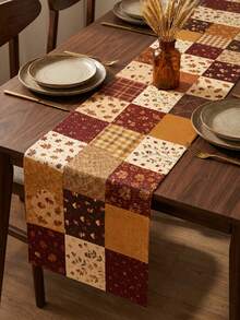 Autumn Vintage Table Runner, Pumpkin Maple Leaf Floral Plaid Print Long Tablecloth, Country Farmhouse Style Thanksgiving Decor, Suitable For Dining Room Kitchen Daily Meals, Country Style Autumn Party Decoration - Multicolor - View 1