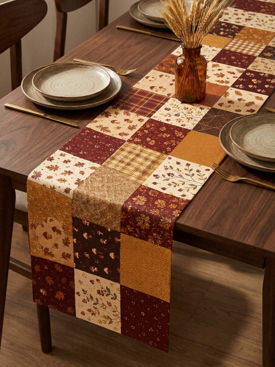 Autumn Vintage Table Runner, Pumpkin Maple Leaf Floral Plaid Print Long Tablecloth, Country Farmhouse Style Thanksgiving Decor, Suitable For Dining Room Kitchen Daily Meals, Country Style Autumn Party Decoration - Multicolor - View 1