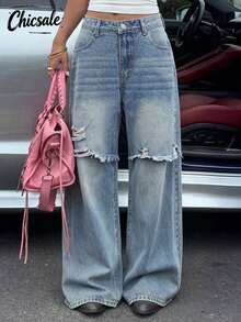 Women's Distressed Flare Leg Casual Wide Leg Jeans - Light Wash - View 1