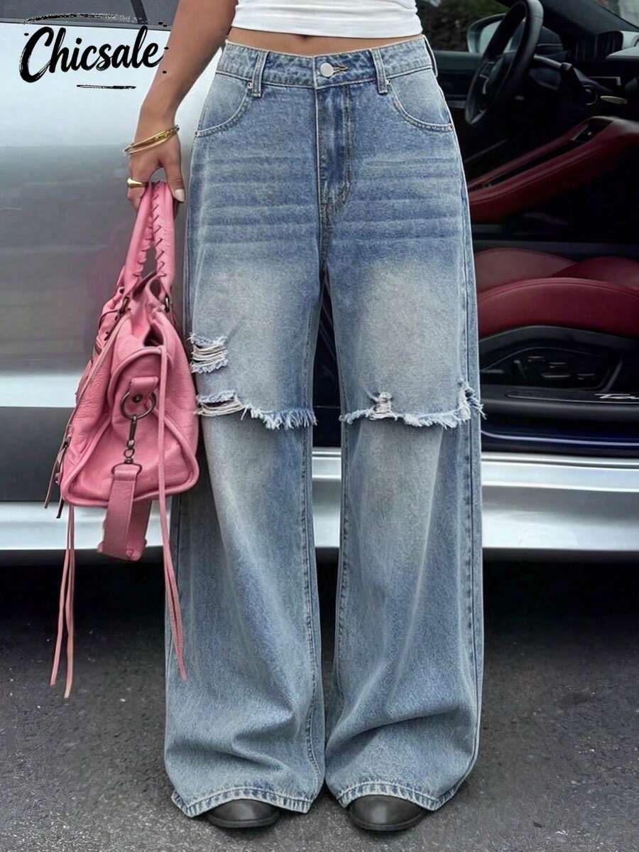 Women's Distressed Flare Leg Casual Wide Leg Jeans - Light Wash - View 1