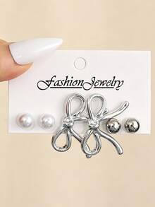 NAIZHU 9 Pairs Kids Fashion Metallic Bow Geometric Faux Pearl Earrings Set, Suitable For Daily Wear, Party Accessories, Gift - Silver - View 2