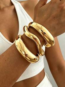 3/1pc Set Vintage Exaggerated Bohemian Style Wide Wave & Geometric Shape CCB Material Gold-Tone Open Bangle Bracelet For Women, Spring/Summer Daily, Party, Beach, Vacation, Gift Jewelry - Gold - View 6
