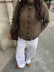 Women's Vintage Brown Knit Cardigan, Stand Collar Front Button Design, Long Sleeve Regular Fit, Suitable For Autumn/Winter - Chocolate Brown - View 9