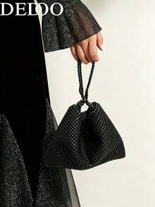 Dedoo Women Bucket Evening Handbag, Solid Sparkle Pattern, Silver Rhinestone Mesh Fabric,Glam Luxe Style, Wedding Banquet Party Purse For Ladies All Seasons - Black - View 8