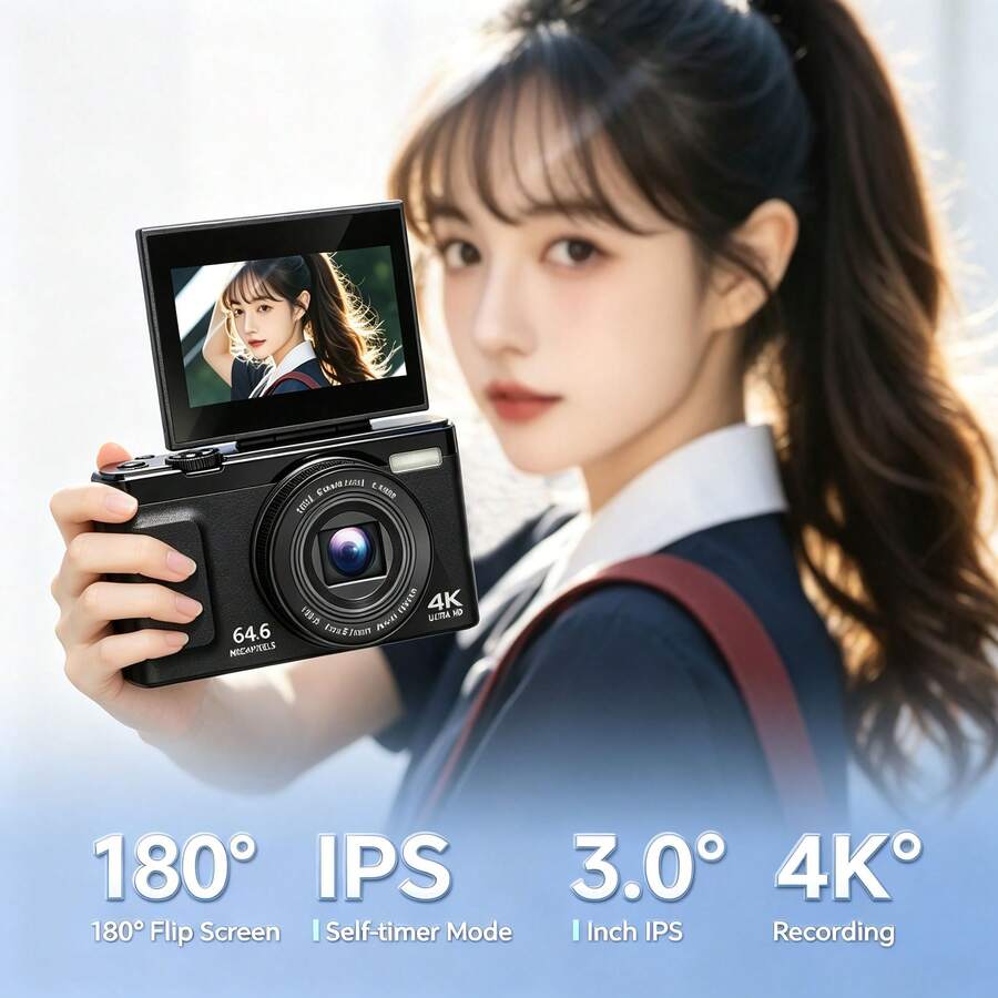 True 4K Digital Camera 64MP Interpolated 13MP Actual Pixels, 180° Flip Screen, 16x Digital Zoom Anti-Shake Vlog Camera, With Fill Light, Face Detection And Beauty Function - 1200mAh Battery