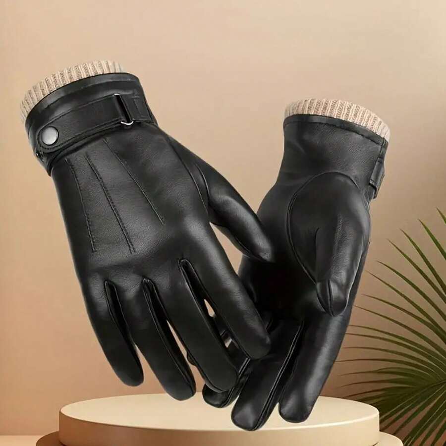 Men's Winter Thermal Touchscreen Gloves, Soft Full‑Finger Lamb Leather With Adjustable Wristband, Brown Cold Weather Gloves, Durable Stylish Leather G - Black - View 1