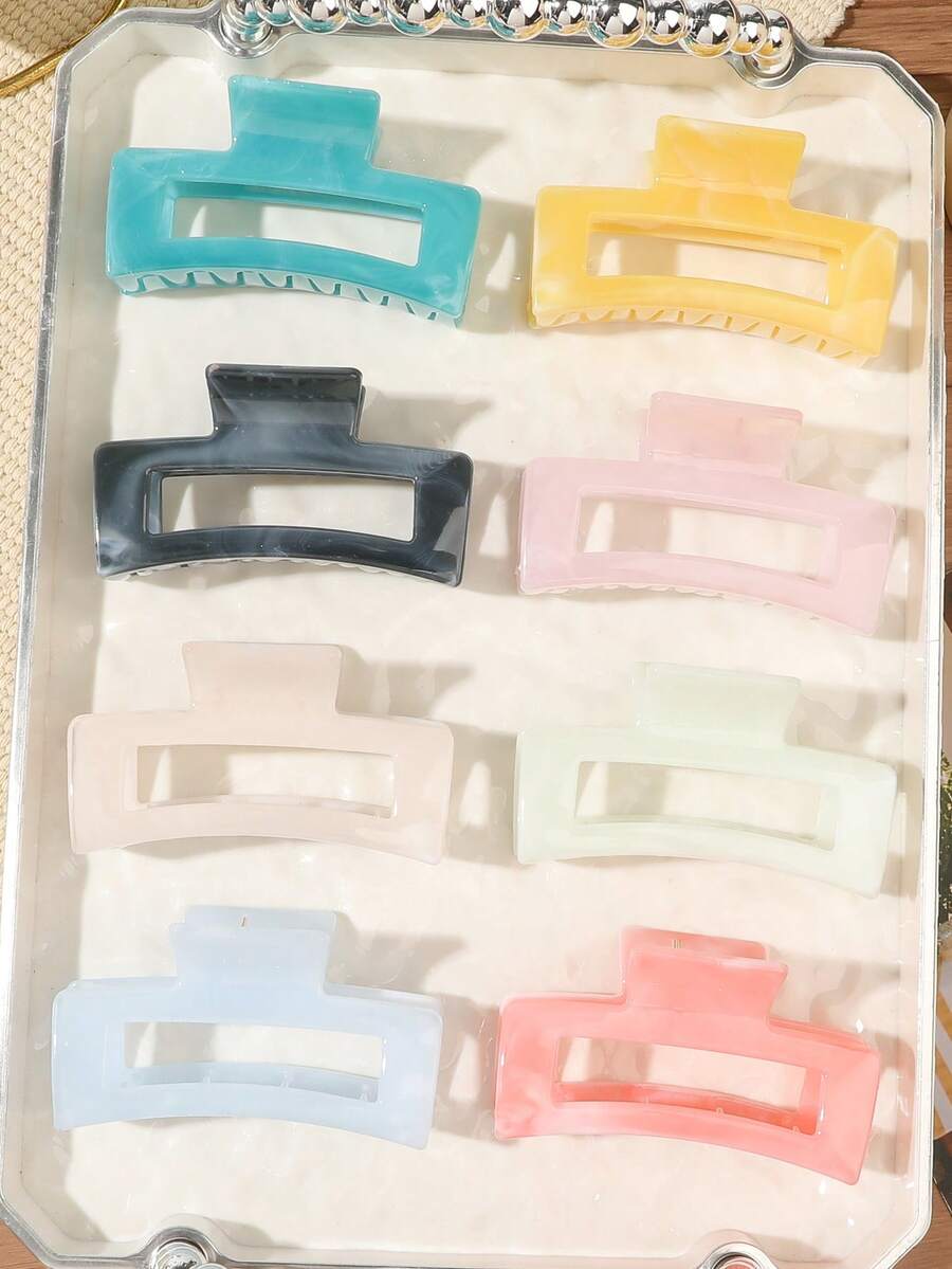 8入春夏清新糖果色果凍大理石紋紮染鏤空方形髮夾，甜美極簡少女風髮飾