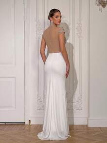 Modphy Luxury High Neck Sheer Mesh Beaded Rhinestone Mermaid Evening Gown, White Pleated Slim Fit Long Party Dress - Apricot - View 7