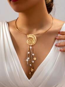 1pc Women's Fashion Shell Tassel Choker Necklace, Suitable For Daily And Vacation Wear - Conch Tassel Golden Yellow - View 1