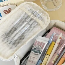 1pc Minimalist Solid Color Macaron Pencil, Attractive Student Portable Stationery Storage Bag, Large Capacity Vertical Striped Organizer - Multicolor - View 4