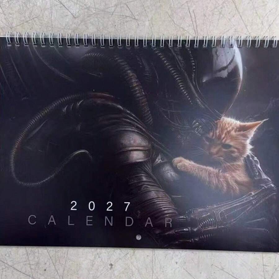 1pc 2027 Alien Theme Calendar With Cat - Official Alien Design - Desktop Or Wall Hanging Calendar, Suitable For Sci-Fi Fans, Home/Office Decor - Perfect Gift For Alien Movie Lovers, Home Decor, Unique Artwork, Spiral Bound, Themed Storage - Multiple Styles - View 1