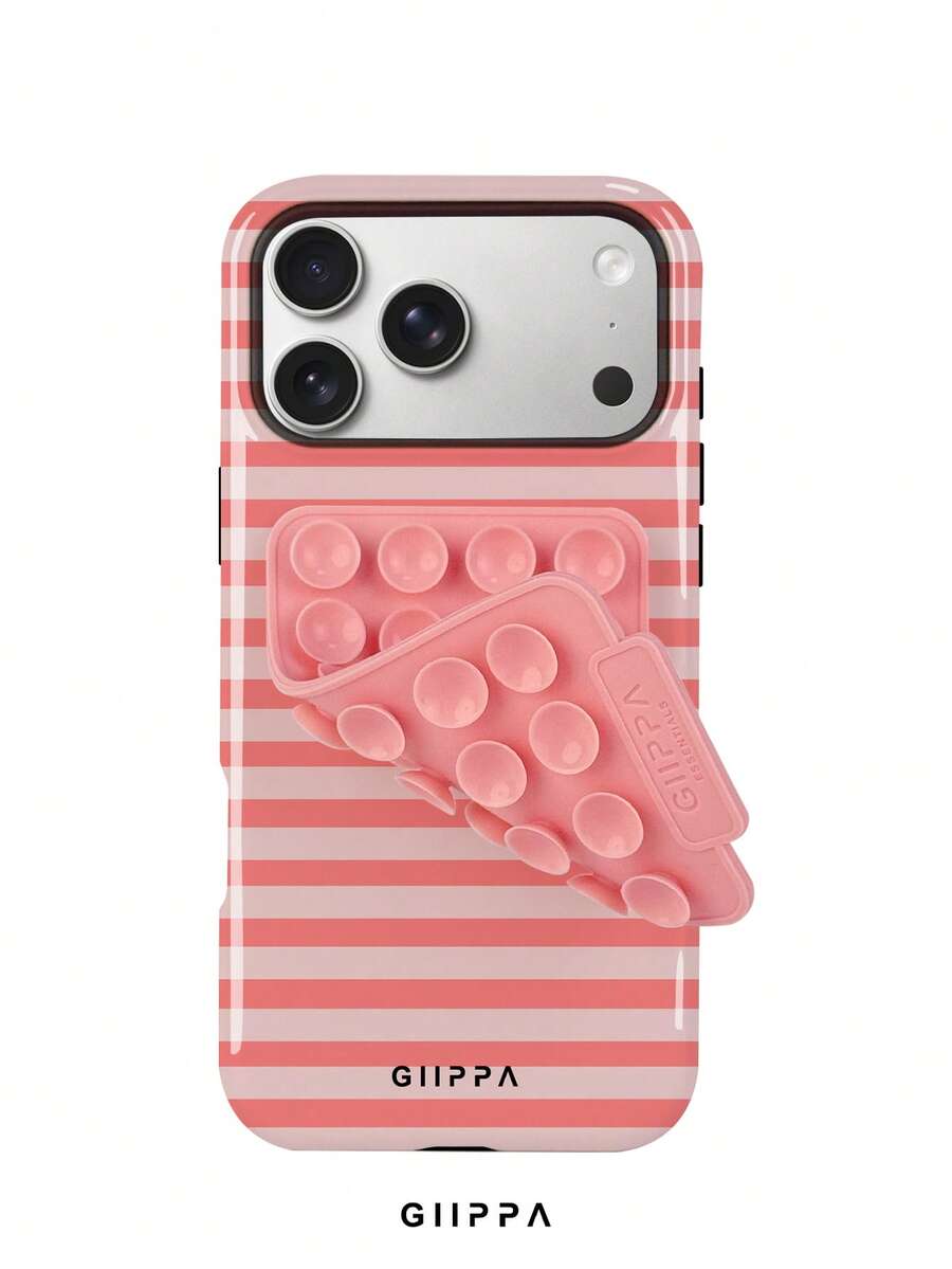 GIIPPA 1組粉色橫條紋圖案設計手機殼 + 吸盤,適用於Phone 17 Pro Max,相容Phone 16 Pro Max、15 Pro Max、14 Pro Max,韓系高端時尚趣味手機殼,適合11/12/13/14/15/16 Pro Max Plus,男女皆宜的優雅設計,聖誕節、情人節、復活節、婚禮季與生日送女友的完美禮物 - 粉色 - 查看 1