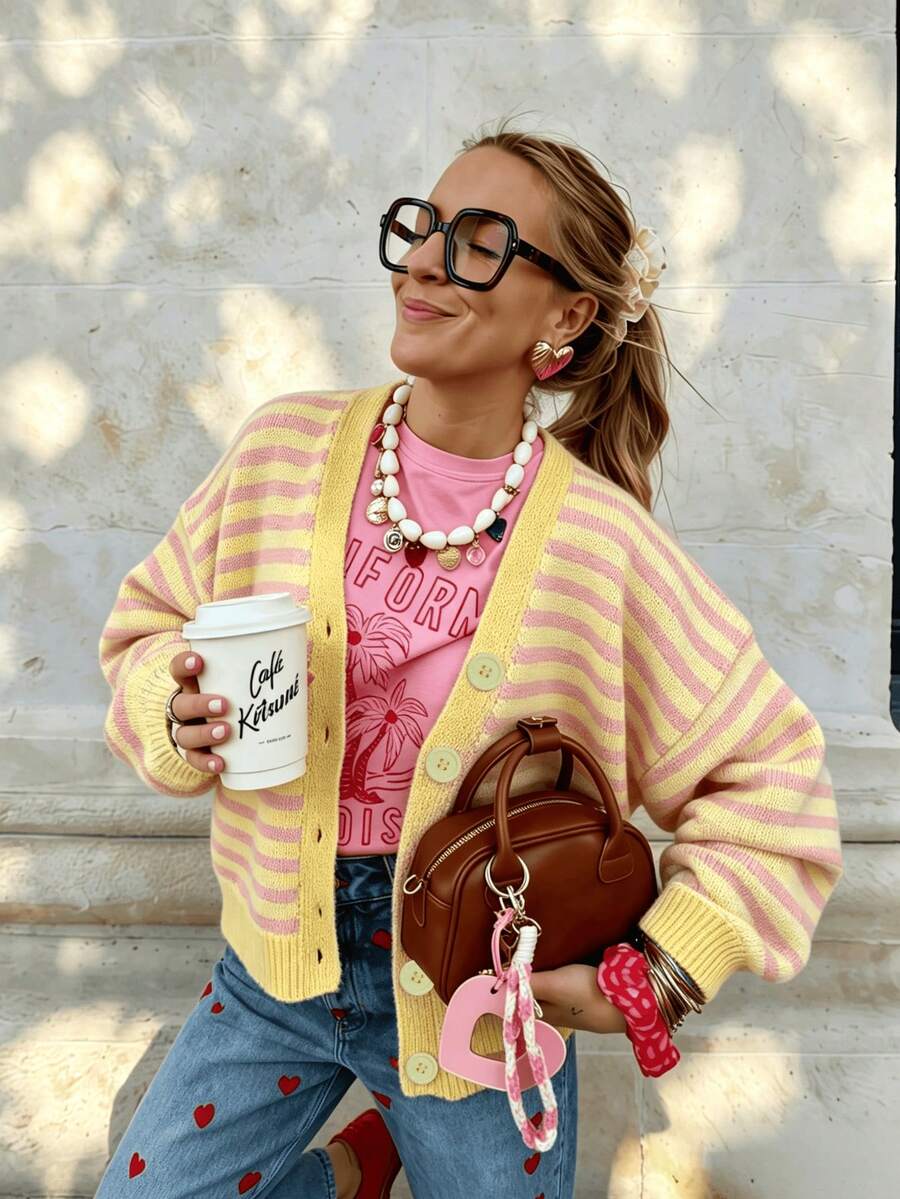 Women's Striped Cardigan Knit Sweater, Long Sleeve Button-Up Casual Loose Top Suitable For Autumn/Winter, Beach, Party And Holiday Wear Fall - Pale Yellow - View 1