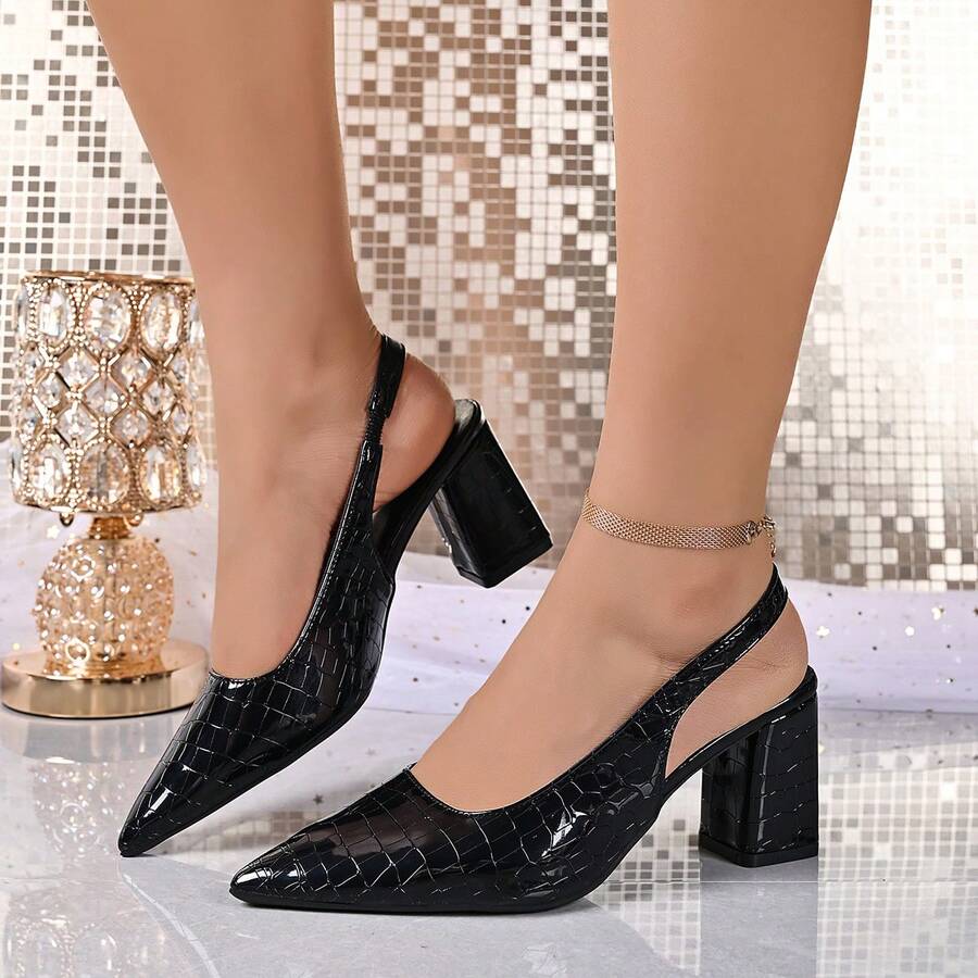 Black Crocodile Embossed Pointed Toe Slingback Sandals Women 7cm Chunky Heel High Heels Elegant French Style Closed Toe Pumps - Black - View 1