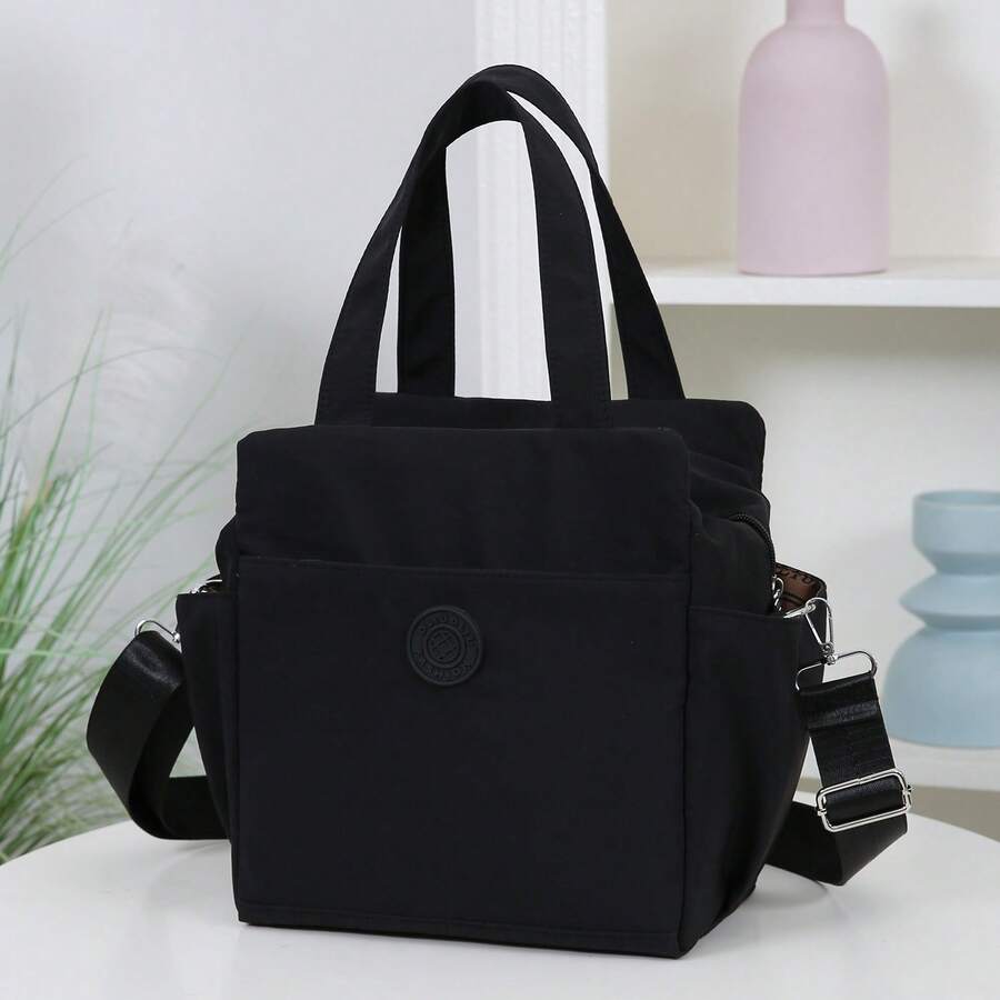 DLIU New, Large Capacity, Solid Color, Lunch Bag With Shoulder Strap And Hand Carry, Lunch Box Storage Bag, Suitable For Office Lunch, Outdoor Picnic, Daily Use, Fabric Exterior, Aluminum Foil Interior, Fully Zipped Closure, Front Zipper Pocket, Side Pockets