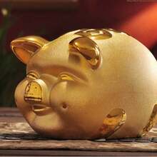 Golden Lucky Pig Piggy Bank in Multiple Sizes, Large-Capacity Creative Metal Money Bank for Home Décor and Gift Giving - أصفر - مشاهدة 4