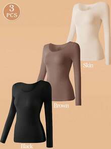 3pcs/Set Women's Seamless Base Layer Tops, Ultra-Thin Warm Thermal Underwear, Long Sleeve Round Neck, High Elasticity, Autumn/Winter, All Day Comfort - Multicolor - View 6