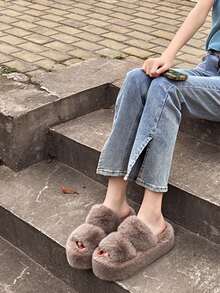 Thick Sole Platform Fuzzy Slippers For Women, Autumn/Winter Outdoor Wear, Popular Home Anti-Slip Plush Thermal Slippers - Khaki - View 7