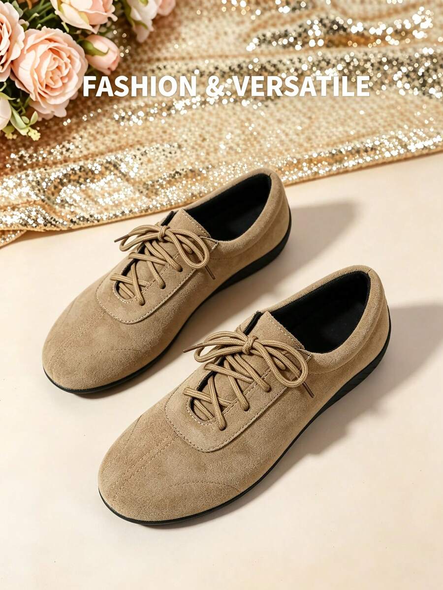 Women's Soft Sole Suede Lace-Up Casual Shoes, Round Toe, Flat Heel, Comfortable, Lightweight, Retro, Spring/Autumn, Daily Commute Shoes - Khaki - View 1