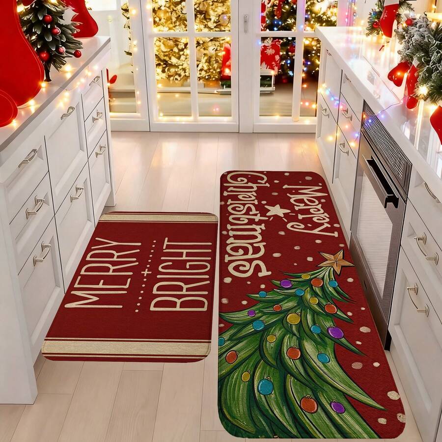 1/2/3pcs Christmas Theme Kitchen Rugs, Flannel Kitchen Rugs Comfortable Soft Absorbent Non-Slip Machine Washable With Non-Slip Backing Suitable For Multiple Scenes Entrance Living Room Bedroom Kitchen Dining Room Bathroom Laundry Room Hallway Christmas Holiday Decoration Home Mat - Multicolor - View 1