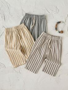 3Pcs/Set Baby Toddler Khaki White Vertical Striped Elastic Waist Drawstring Wide Leg Pants Summer Breathable Casual Children Long Pants - Multicolor - View 3