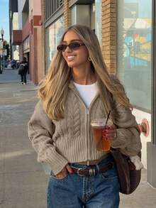 Senya Autumn/Winter New Vintage Oversized Lapel Double Zipper Cable Knit Cardigan, Loose Drop Shoulder Casual Short Commuter Sweater Fall - Camel - View 2