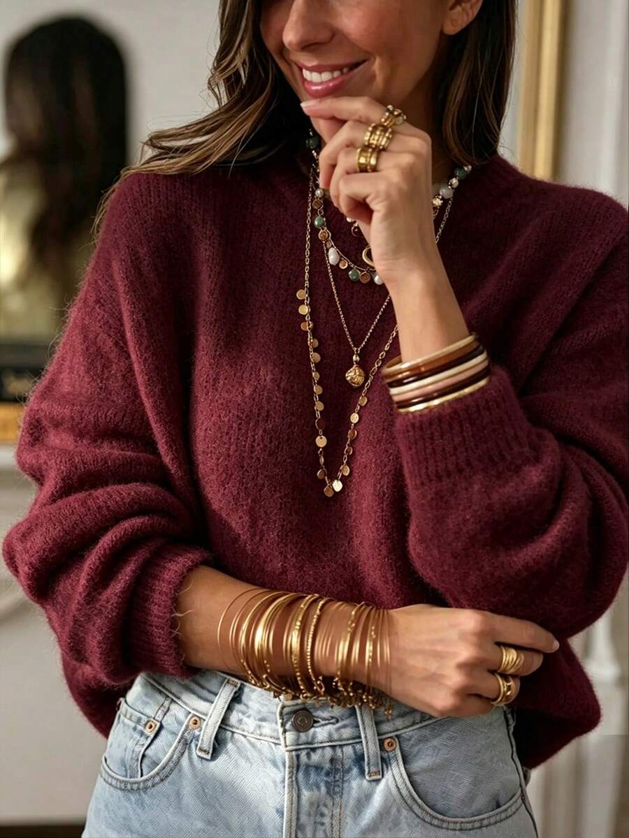 Cozy Women's Casual Winter Butter Yellow Solid Color Sweater, Long Sleeve Drop Shoulder Knitwear Pullover Rib-Knit Details Knit Top,Daily / Home - Burgundy - View 1