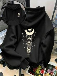 Plus-Size Gothic Style Hooded Sweatshirt For Women, Casual Style, Double-Sided Graphic Print Of Moon, Sun And Stars, Suitable For Autumn And Winter. - Black - View 1