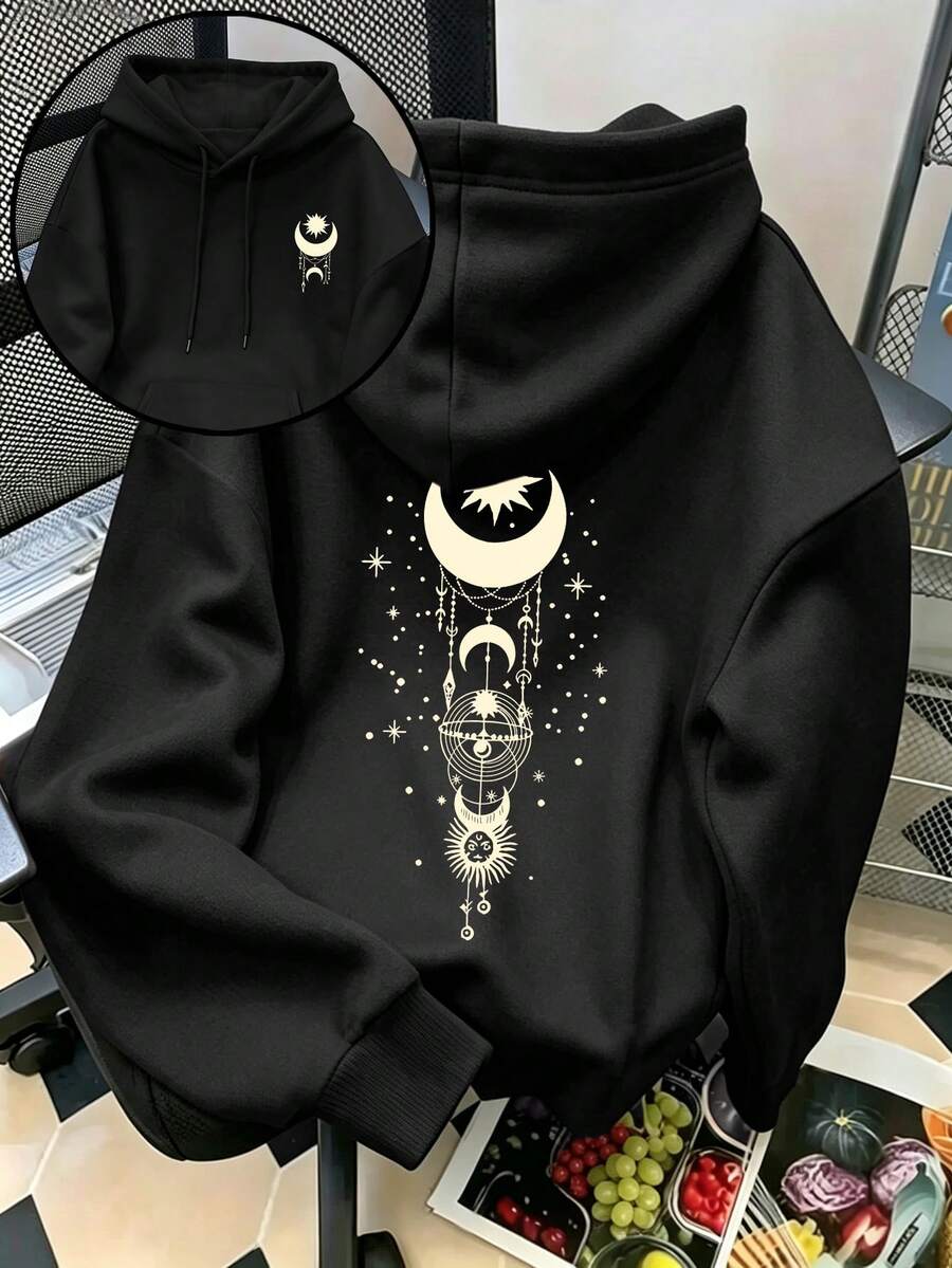 Plus-Size Gothic Style Hooded Sweatshirt For Women, Casual Style, Double-Sided Graphic Print Of Moon, Sun And Stars, Suitable For Autumn And Winter. - Black - View 1