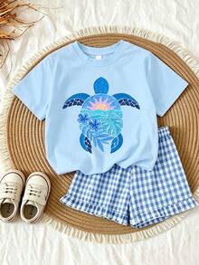 2pcs/Set Summer Girls Casual Loose Turtle Print Short Sleeve T-Shirt And Plaid Shorts, Random Cut, Minimalist Style, Suitable For Home, Outdoor Activities & Daily Wear - Baby Blue - View 1