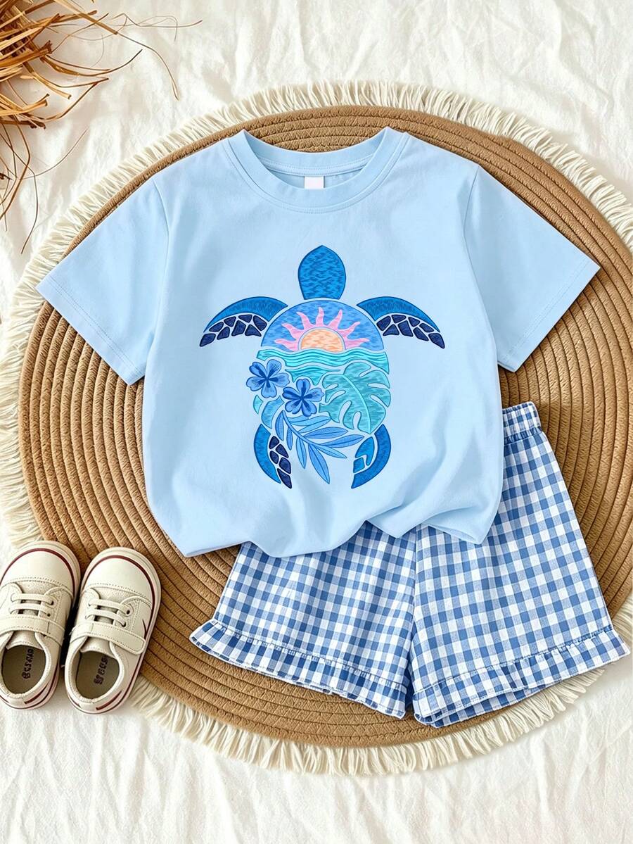 2pcs/Set Summer Girls Casual Loose Turtle Print Short Sleeve T-Shirt And Plaid Shorts, Random Cut, Minimalist Style, Suitable For Home, Outdoor Activities & Daily Wear - Baby Blue - View 1