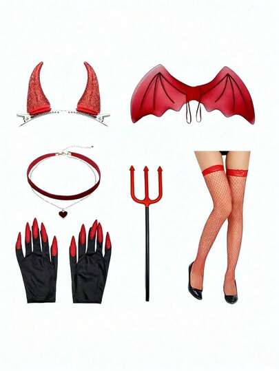 9pcs/Devil Costume Set, Women's Devil Queen Accessories, Halloween Devil Party Props, Red Devil Horn Headband, Bat Wings, Devil Trident, Heart-Shaped Choker, Red Long Leg Fishnet Stockings, Halloween Cosplay Outfit, Carnival Dress Up Supplies