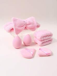 Set Aksesori Makeup Pink 7 Buah, Spons Makeup, Ikat Rambut, untuk Makeup Wajah, Mencuci Muka, Perawatan Kulit, Alat Kosmetik Serbaguna Basah & Kering - Berwarna merah muda - View 5